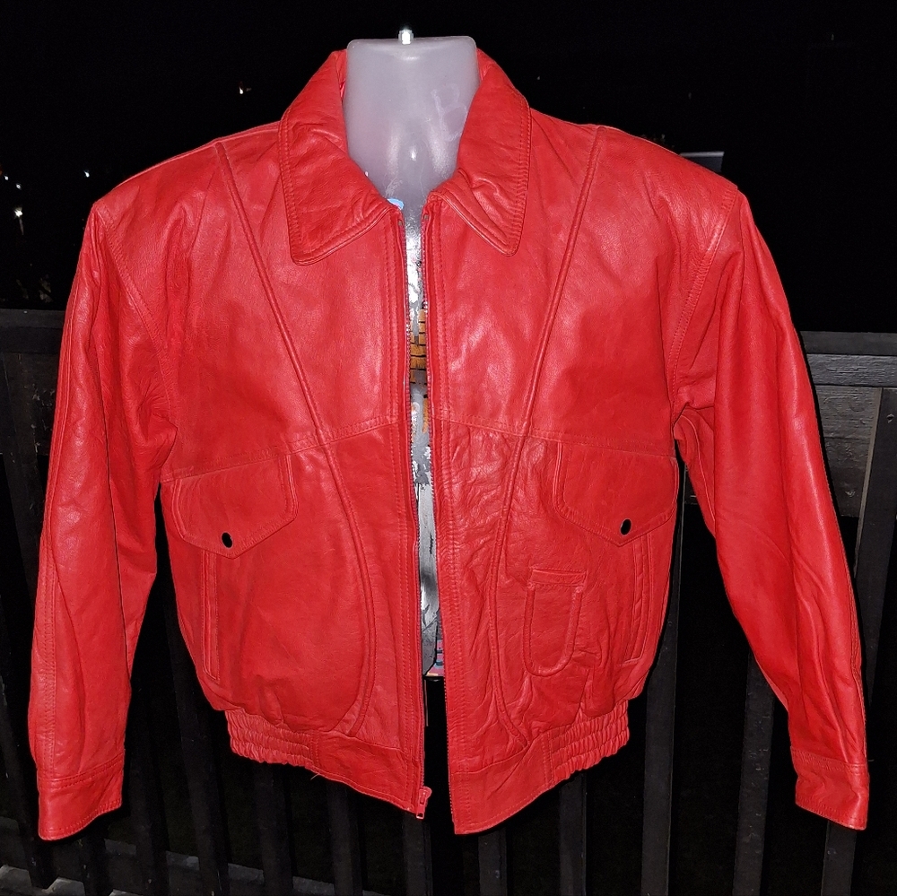 Vintage 100% Top Grain Red Leather Jacket Size Med